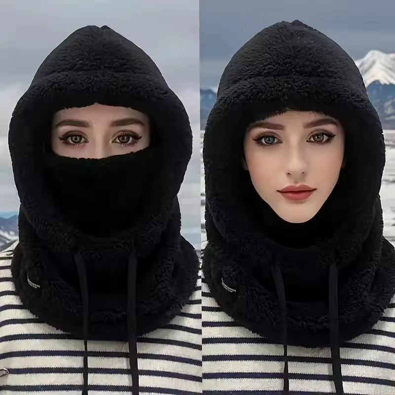 Winter Solid Color Balaclava Drawstring Face Insulation Cover Women Adjustable Thick Integrated Neck Cover Full Face Mask Riding