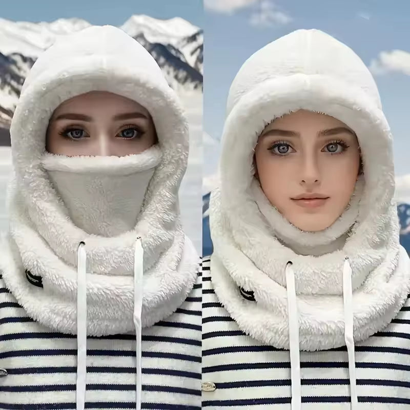Winter Solid Color Balaclava Drawstring Face Insulation Cover Women Adjustable Thick Integrated Neck Cover Full Face Mask Riding