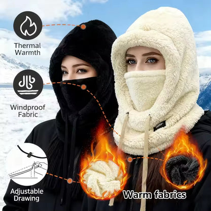 Winter Solid Color Balaclava Drawstring Face Insulation Cover Women Adjustable Thick Integrated Neck Cover Full Face Mask Riding