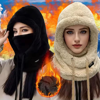 Winter Solid Color Balaclava Drawstring Face Insulation Cover Women Adjustable Thick Integrated Neck Cover Full Face Mask Riding