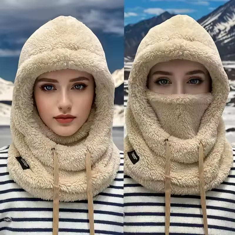 Winter Solid Color Balaclava Drawstring Face Insulation Cover Women Adjustable Thick Integrated Neck Cover Full Face Mask Riding