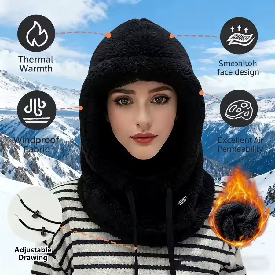 Winter Solid Color Balaclava Drawstring Face Insulation Cover Women Adjustable Thick Integrated Neck Cover Full Face Mask Riding