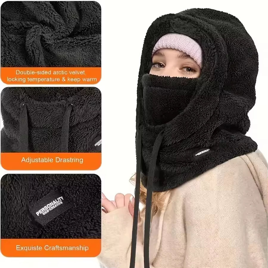 Winter Solid Color Balaclava Drawstring Face Insulation Cover Women Adjustable Thick Integrated Neck Cover Full Face Mask Riding